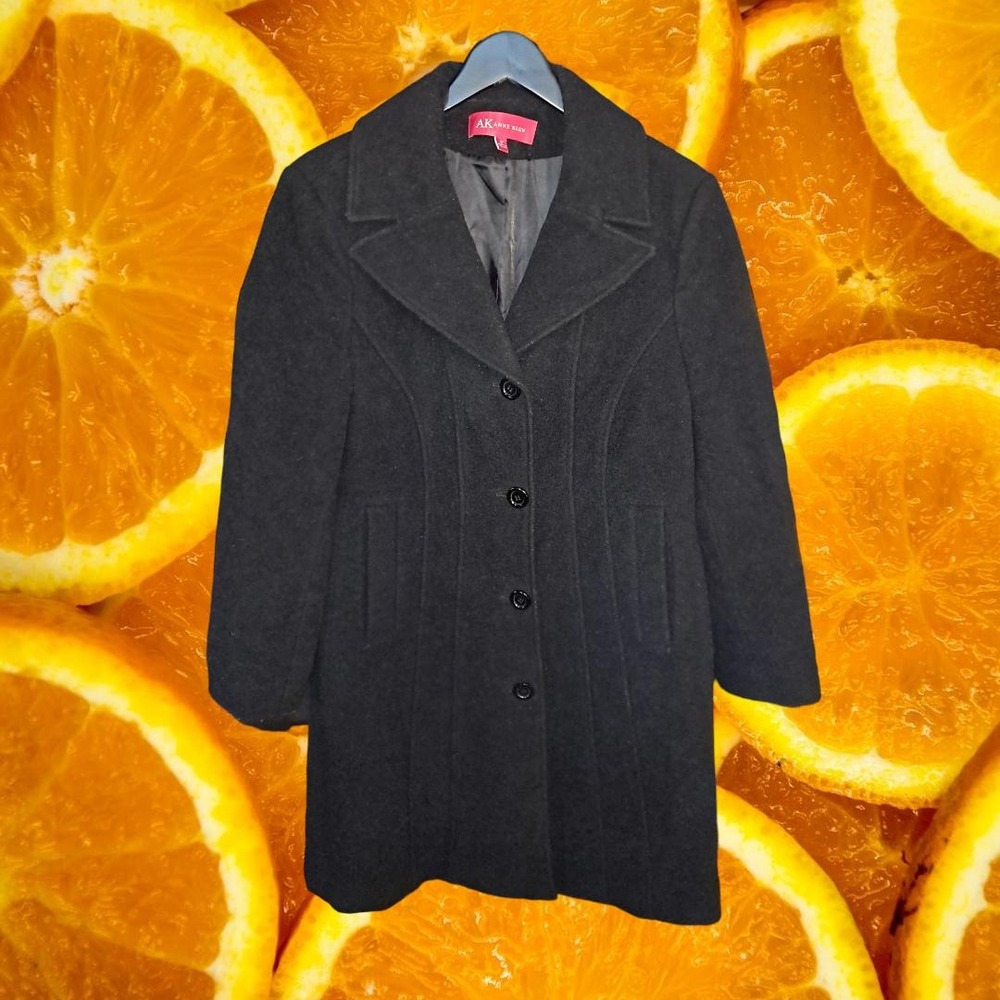 Anne Klein Black Wool Blend Peacoat Women Size 12 Mid Length Button Front Coat